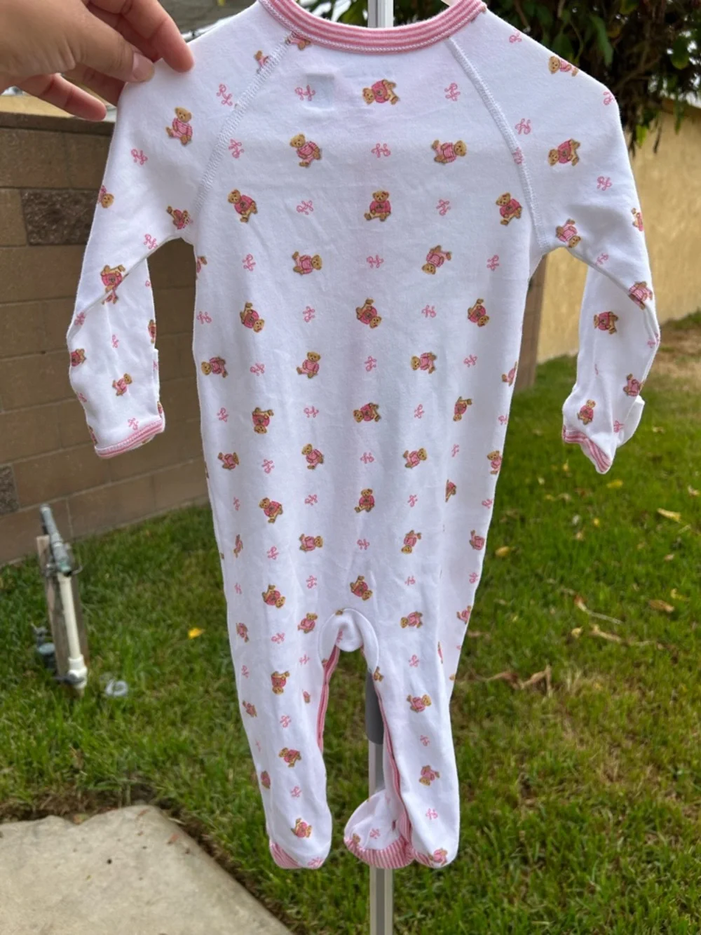 Ralph Lauren White Footed One-Piece with Pink Trim and Floral Bear Print